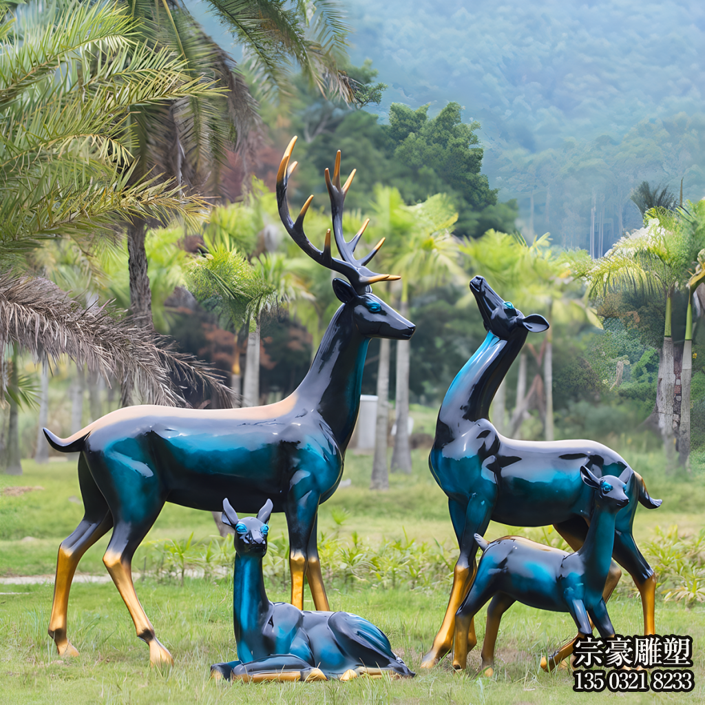 玻璃鋼彩繪梅花鹿草坪動物雕塑擺件